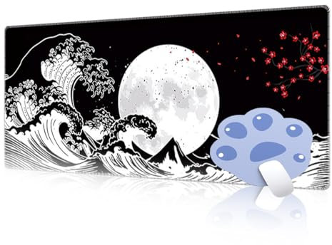 FAIRYGATE Keyboard and Mouse Mat Desk Pad with Non Slip Rubber Base Thick Stitched Edges Waterproof for Office Games Home Computers Laptop Black Sea Wave 90 x 40 cm B6303-L