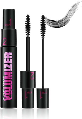 Mascara Wasserfest Schwarz - 2in1 Wimperntusche Lange Wimpern mit Silk Fiber - 4D Wimperntusche Extra Long & Thick - Langanhaltende Mascara False Lash Look - Augen Makeup Wischfest & Nicht Verklumpend