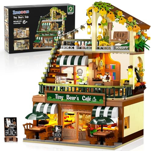 INSOON City Kaffee Haus Bauspielzeug mit LED Licht, 1173 Stück Stadt Cafe Laden Bauklotz Spielzeug mit Bestellcounter, Architektur Klemmbausteine Modell für Erwachsene Kinder Jungen Mädchen 6-12+