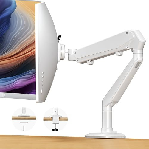 Ergounion Single Monitor Arm for Screens up to 32 Inch and 19.8 lbs, Fully Adjustable Gas Spring Monitor Arm Desk Mount, 75/100 mm Vesa Mount, Aluminum, White