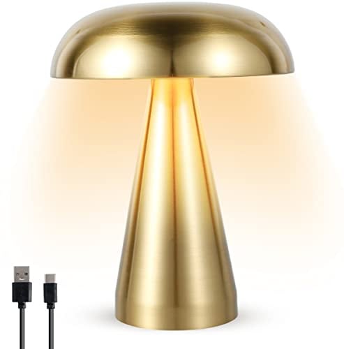 Mushroom Table Lamp Rechargeable Desk Lamp Portable Cordless LED Desk Light Touch Control Night Light with 3 Color Dimming Decorative Metal Bedside Lamp for Bedroom Living Room Dining Room( gold )