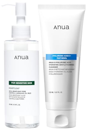 Anua Gentle Double Cleanser Duo: Heartleaf Pore Control Cleansing Oil Mild & Hydrating Gentle Foaming Face wash for Double Cleansing, Daily Facial Cleanser, Korean Skincare