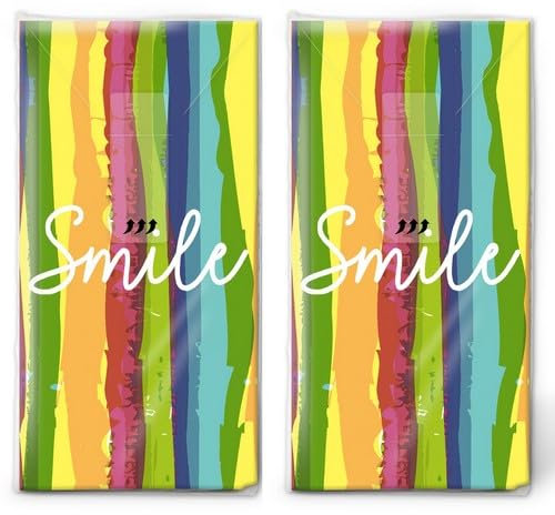 20 einzelne Taschentücher Spruch Smile in Farbstreifen. 2 Packungen mit 10 einzelnen Papiertaschentücher bedruckt als Geschenk.