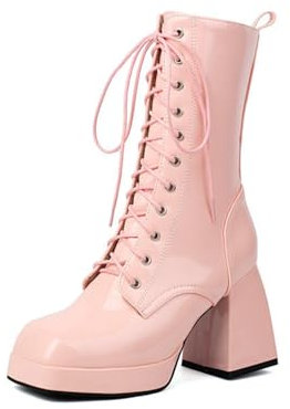 GHSIRUEU Bottine à Plateforme Femme Bout Carré Classiques en Cuir Verni Mi Mollet Militaires à Lacets Bottes de Combat,Rose,47 EU