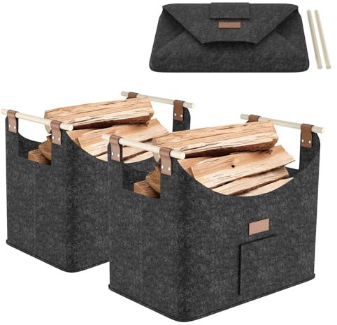 YUENFONG 2 Stück Holzkorb für Kaminholz, Brennholzkorb Filzkorb Kaminholzkorb Holzkorb Faltbarer, Filztasche Extradickem Feuerholzkorb mit Griff, für Brennholz Zeitung, 50 x 32 x 40cm, Dunkelgrau