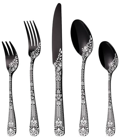 Besteck Set Schwarz für 6 Personen, HONKKU 30-teiliges Edelstahl Besteckset, Essbesteck Set Spiegel Polierter mit Blumenmustern, Gabel Löffel Messer Set Spülmaschinenfest