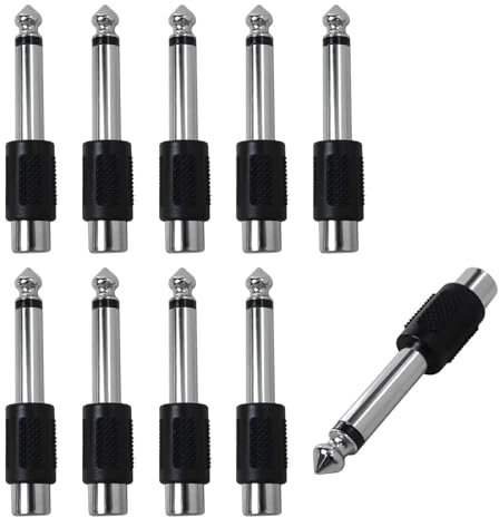 TECHZOCO Adaptador de Audio Mono Jack 6.35 mm Macho a RCA Hembra, Adaptador conversor Jack 6.35 mm a RCA, Conector TS para Altavoces, Apto para amplificadores, Mono, 10 Unidades