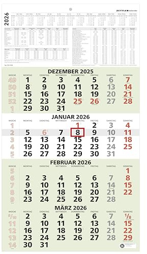 Zettler 4-Monatskalender grün Blauer Engel 2026 – Wandkalender 33 × 59 cm mit Datumsschieber, 4 Monate pro Blatt, Kopftafel 15 cm, Wochenzählung, Jahresübersicht, Recyclingpapier, nachhaltig