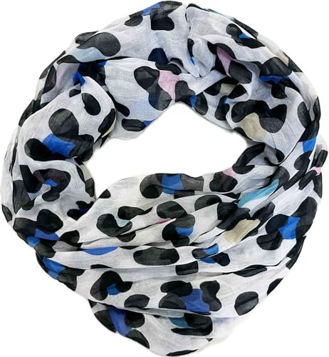 Leo Leopard Loop Schal aus Seidenmischung mit Animal Print Muster Tuch Sommer Frühling Herbst Halstuch Stola Tuch Übergangsschal Seide Silk (Blau)