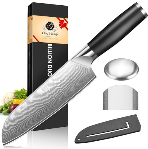 BILLION DUO 8 Inch Santoku Knife, Kitchen Knife with Finger Guard, Professional Steel Sharp Chef's Knife Set with Non-Slip Ergonomic Handle, Gifts for Mom/Dad, Black