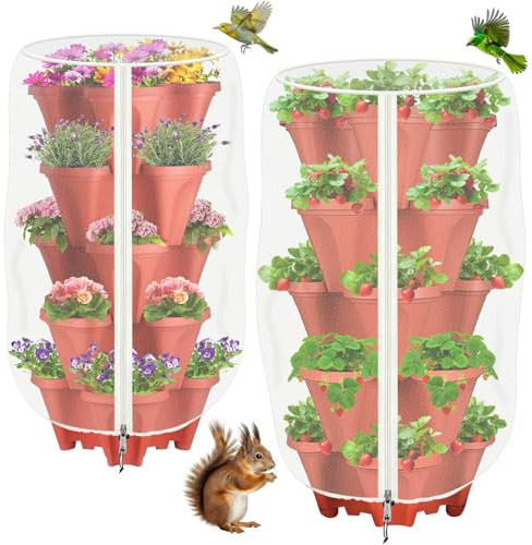2 Pack Garden Vertical Planter Pot Insect Bird Netting,39.4 x 19.7 Stackable 5 Tier Strawberry Planter Pot Garden Mesh Plant Cover with Zipper for Outdoor Strawberry Herb Flower Protection