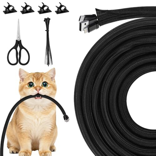 10mm x 3m Cable Tidy Sleeve Self-Closing Wire Covers For Cables Flexible | Cable Protector Animal Proof with Cable Clips & Ties & Scissor, Wire Protector From Pets for USB, Power, Audio, Video Cords