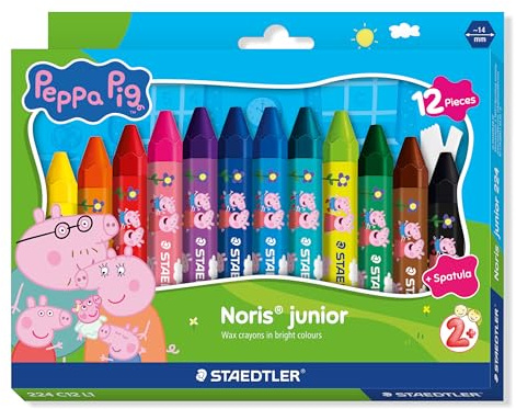STAEDTLER Noris junior Wachsmalstifte Peppa Wutz 12er Set - Dicke Wachsmalkreiden für großflächiges Ausmalen und kreative Maltechniken - Ergonomische Wachsmaler für kleine Kinderhände