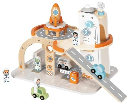 Tooky Toy Station Spatiale en Bois FSC - Garage Jouet avec fusée, astronautes & véhicules, Jouet Montessori éducatif, développe motricité, Social & émotionnel, Cadeau dès 3 Ans