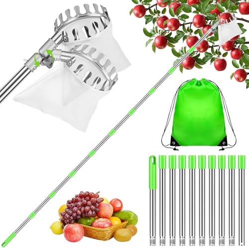 Hysagtek 4M Obstpflücker mit Teleskopstiel | Apfelpflücker mit Klappkopf und Baumwollbeutel, Verstellbare Pflückhilfe mit Edelstahlstange, Ideal für Garten, Obstbäume