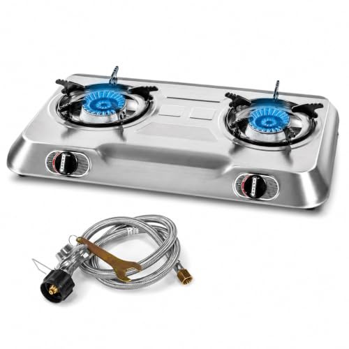 XtremepowerUS Réchaud à gaz propane 2 brûleurs en acier inoxydable Allumage automatique Camping Double brûleur haute pression