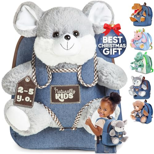 Naturally KIDS Mouse Stuffed Animal Backpack for Girls Boys, Birthday Gifts for 3-5 Year Old, Toddler Backpack