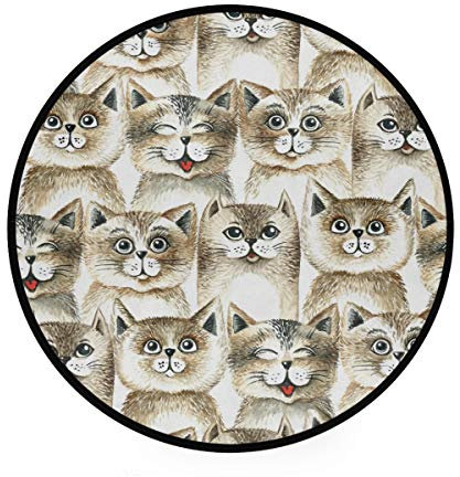 Ajinga, runder Kinderteppich mit braunem Katzenmotiv, Spielteppich für Spielzimmer, Schlafzimmer, 90 cm Durchmesser, baumwolle, Mehrfarbig1, Einheitsgröße