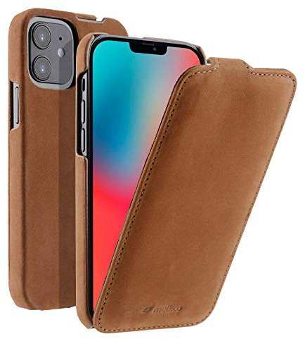 MELCKO Hülle passend für Apple iPhone 12 MINI (5,4 Zoll), Handyhülle mit echtem Leder, Flip-Case, Schutzhülle klappbar, dünne Handy-Tasche, Slim Cover, Vintage Braun