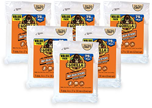 Gorilla Hot Glue Sticks, Mini Size, 4 Long x .27 Diameter, 75 Count, Clear, (Pack of 6)
