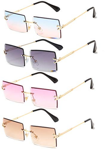 Long Keeper Sonnenbrille Damen Vintage 90s Retro Rechteckig Sonnenbrille Randlos Für Damen Herren Mit Uv Schutz (Blau Rosa+Farbverlauf Grau+ Lila+ Braun)