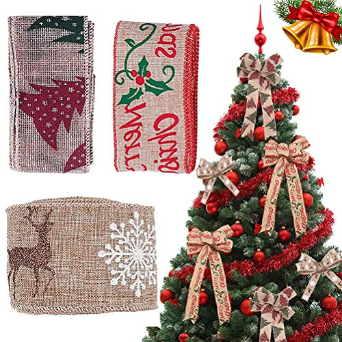Ruban Jute Noel pour Emballage Cadeau, 3Pcs Ruban Toile de Jute de Noël avec Flocon de Neige d'arbre Elk, Naturel Rouleau de Rubans Cadeaux Large Ruban Decoratif Tissu pour Artisanat Couronnes Arcs
