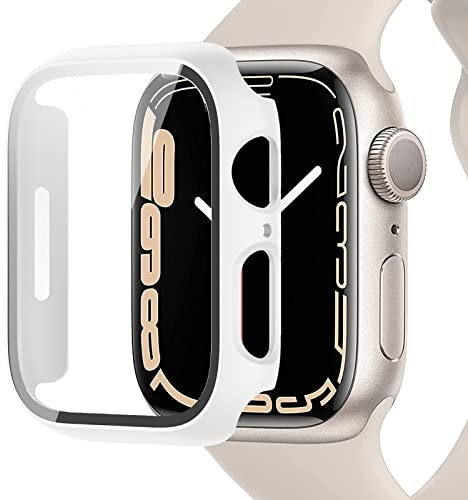 Miimall Kompatibel mit Apple Watch Series 9/8/7 45mm 41mm Hülle mit Glas Displayschutz, Ultradünne PC Schutzhülle Vollschutz Kratzfest Displayschutzfolie Schutz Case für iWatch 41mm - Weiß
