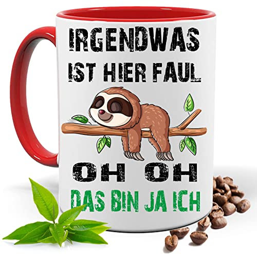 Blickfang Lustige Tasse mit Spruch |IRGENDWAS IST DA FAUL OH DAS BIN JA ICH | Faultier | Kakao- Kaffee- Tee- Fototasse| Geschenke für männer frauen | Keramik Tasse |Spülmaschinenfest (Rot)