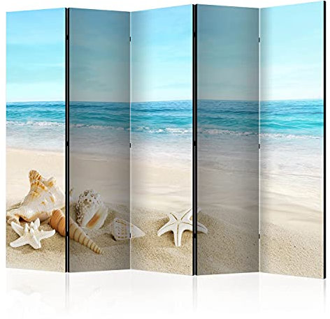 murando Akusticher Raumteiler Meer und Strand Foto Paravent 225x172 cm beidseitig auf Vlies-Leinwand Bedruckt Trennwand Spanische Wand Sichtschutz Raumtrenner Natur Muscheln Landschaft c-B-0528-z-c