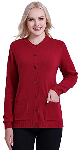SMILING PINKER Cardigan boutonné à col Rond en Tricot côtelé avec Poches pour Femme