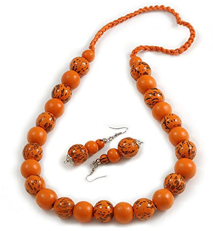 Avalaya Orange/Black Chunky Round Wood Beaded Cord Necklace and Earring Set with Animal Print/76cm L