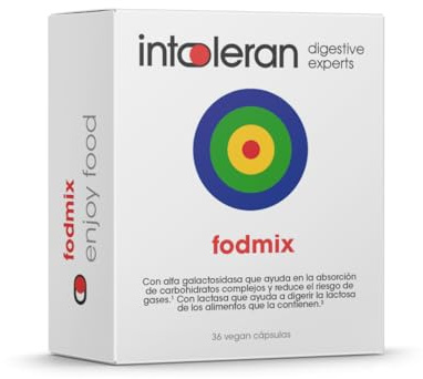 Intoleran Quatrase Forte - Enzimas digestivas para 4 FODMAPS: Lactasa 10,000 FCC + Xilosa Isomerasa 7.500 u + Alfa Galactosidasa 1.200 u + Invertasa 500 u - 36 Caps