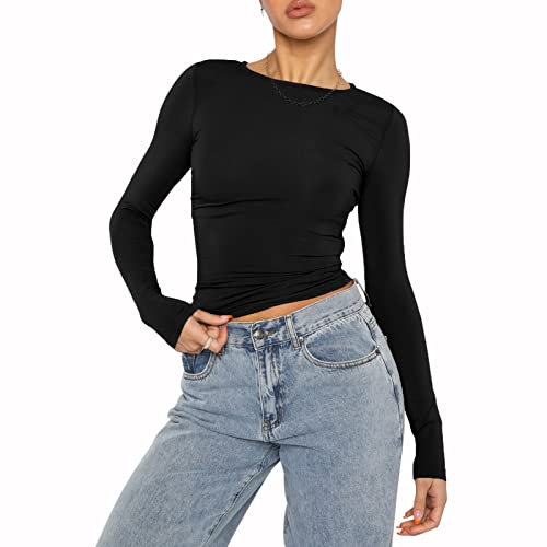 Geagodelia Women's Long Sleeve T-Shirt Ladies Sexy Crop Top Y2K Fashion Aesthetic Clothes Going Out Outfit Skims Dupe Club Party Streetwear Spring Summer (B - Black, S)