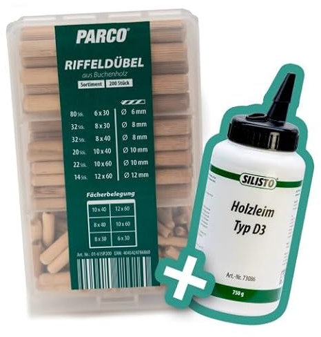 PARCO Riffeldübel, Holzdübel, Holzstopfen, Dübelstangen, Holznadeln beidseitig gefast Sortiment + Holzleim