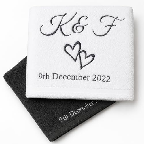 Pet-Jos 2er-Set Personalisiertes Hochzeitshandtuch mit Namen des Bräutigams und der Braut, bestickte Hochzeitshandtücher, 100% Baumwolle, Hochzeitsgeschenk (2X Badetuch)