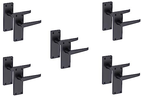 Golden Grace 5 Pair of Victorian Straight Handle Latch Door Handles in Matt Black with 120mm x 40mm Backplate