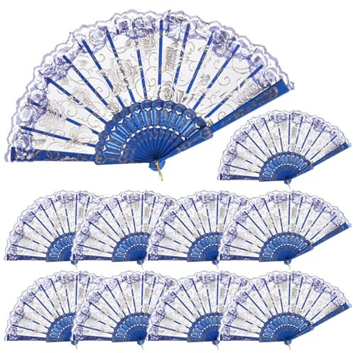QIRMIZI Silk Folding Hand Fans - Set of 10 | Perfect for Weddings, Parties, and Dancing,Royal Blue
