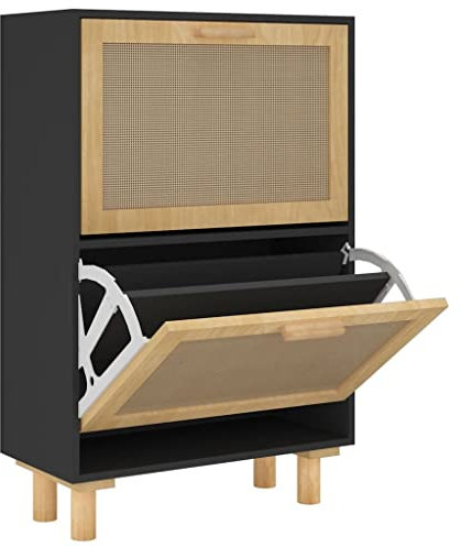 vidaXL Schuhschrank Schwarz 52x25x80 cm Holzwerkstoff & Rattan Natur