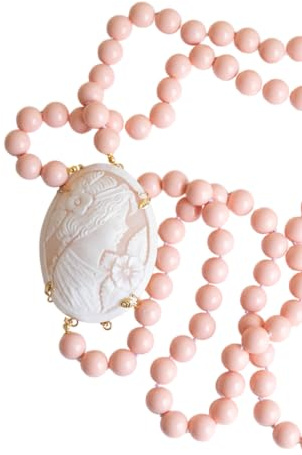 Collana perle rosa 2 fili e cammeo in conchiglia sardonica di Torre del Greco, argento 925, collana italiana