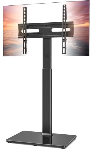 Supporto universale per TV da pavimento con supporto girevole a 80 gradi, altezza regolabile e design salvaspazio per la maggior parte dei televisori LCD, LED OLED da 27 a 65 pollici, perfetto per