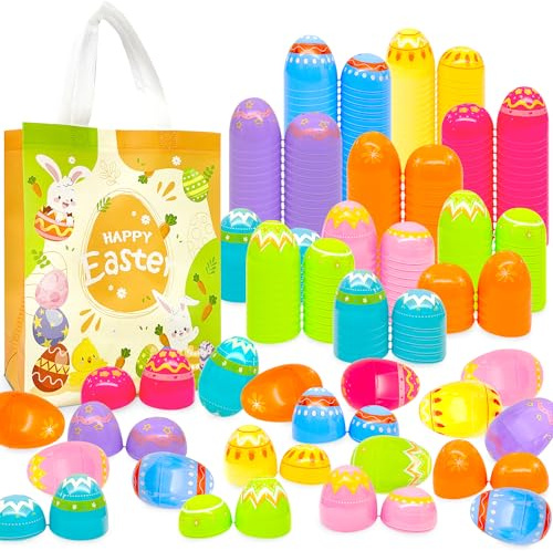 48Pcs 8×6cm gemalte irisierende Ostereier für Kinder Korb Tasche Stuffers Füller mit 1pc Osterjagd Spiel Non-Woven Tasche, Spielzeug Füllen Leckereien und Ostern Theme Party Gunst