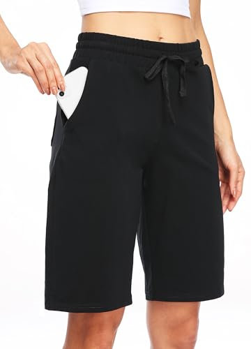 WILLIT Pantaloncini da donna in cotone, pantaloni lunghi da yoga, lunghezza al ginocchio, per allenamento estivo, 10, con tasche, Nero , XXL