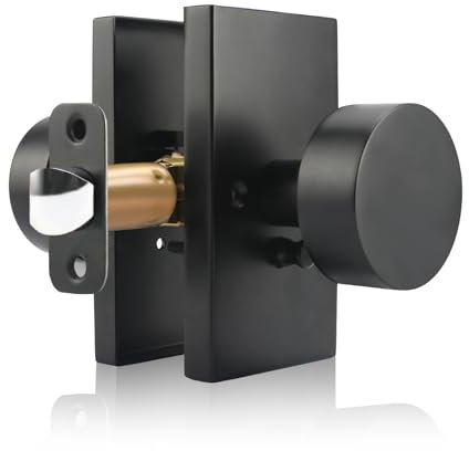 Interior Privacy Black Door Knob with Lock, Matte Black Door Knob for Bedroom Bathroom, Reversible Keyless Push Button Lock, Modern Rectangle Heavy Duty Door Handle, Easy Installation