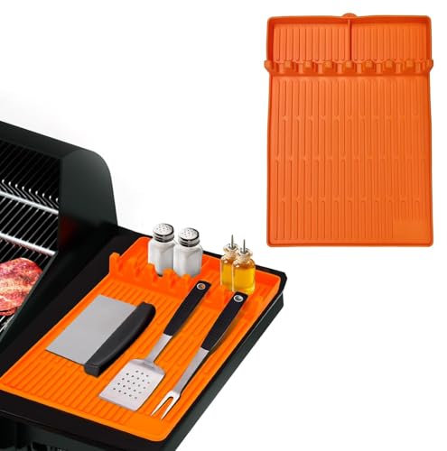 MINICIRCLES Silicone Grill Mat for BBQ, Barbecue Griddle Side Shelf Mat, Heat Insulation Non-Stick Mat, BBQ Accessories for Outdoor Cooking Griddle Tools Spatula Holder (Orange)
