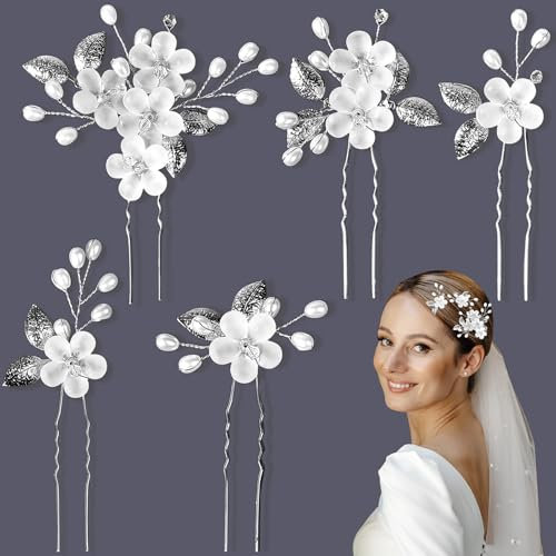 5 Stück Haarschmuck Hochzeit Weiß Silber, FUKPO Braut Haarschmuck Blumen Spange Brautschmuck Haare Perlen, Haarspange Haarnadeln Hochzeit Blätter