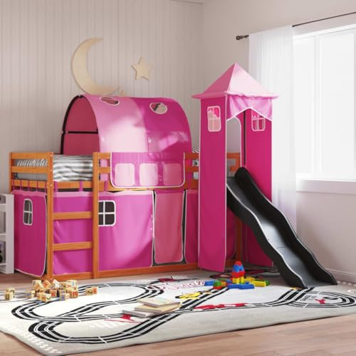 vidaXL Kids Wooden Twin Bunk Bed with Slide & Curtains - Pink, 80x200 cm - Pine Wood Bed Frame with Guardrails