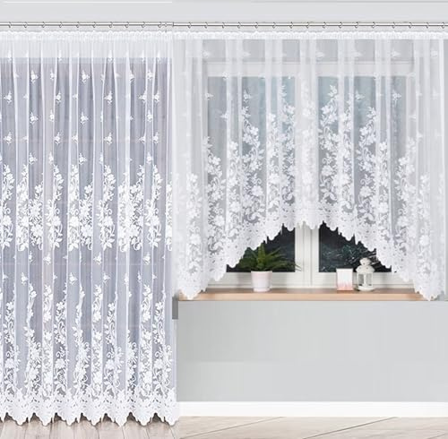 Gardinen Vorhangen Weiß 150x 250 + 300x180 cm (BxH) Danuta Set Lang Kurz Bogen Jacquard Gardinen mit Kräuselband Scheibengardine Wohnzimmer Vorhänge Fenstergardinen Fertig zum Aufhängen