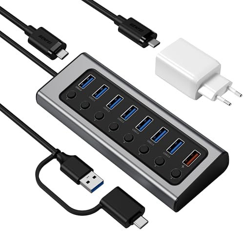 BENFEI Hub USB Activo 3.0 con Fuente de Alimentación, Distribuidor USB de 7 Puertos y Cargador Superrápido GaN de 45 W, Tipo C dual, Divisor con Interruptor Individual y Cable de 1,2 m de Largo para P