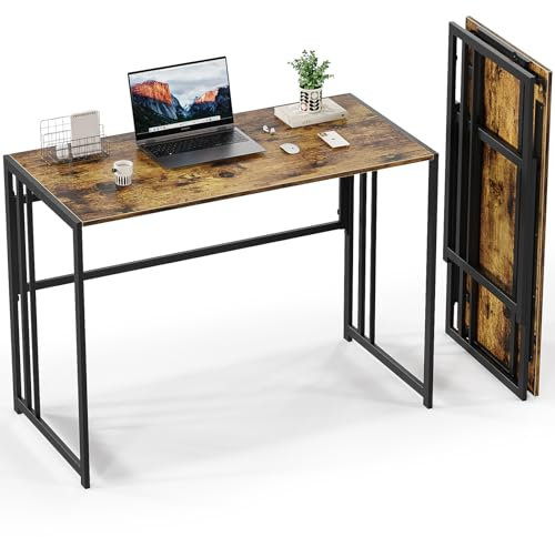 Gezen Folding Desk 40'' Computer Desk for Home Office, No Assembly Office Desk Foldable Simple Study Writing Desk Table for Small Spaces, Brown