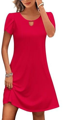 Zeagoo Abito casual da donna, svasato con tasche, estivo, da spiaggia, floreale, a maniche corte, S-XXL, Rosso, S